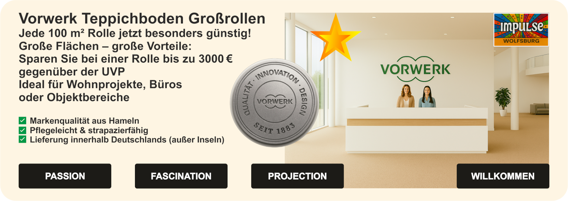 „Vorwerk Großrollen Teppichboden – modernes Wohnzimmer mit dunkelblauem Velours, weißen Sofas und stilvoller Einrichtung“